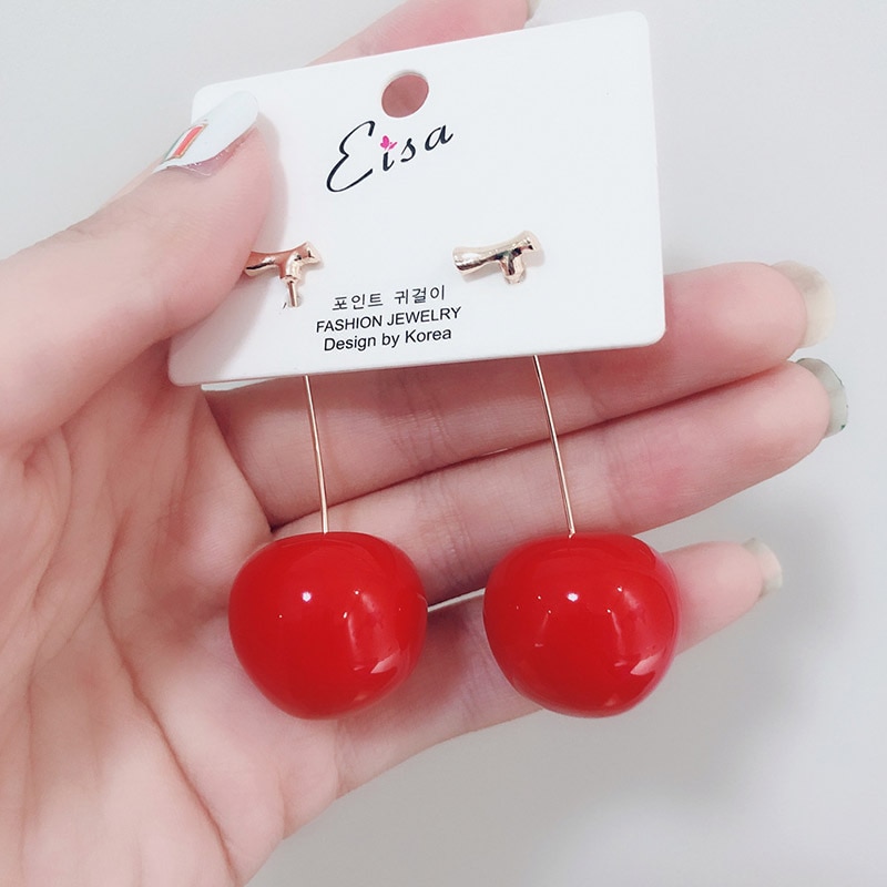 Pendientes de simulación de cereza roja para mujer y niña, aretes de resina dulce, color dorado, , 1 par, novedad