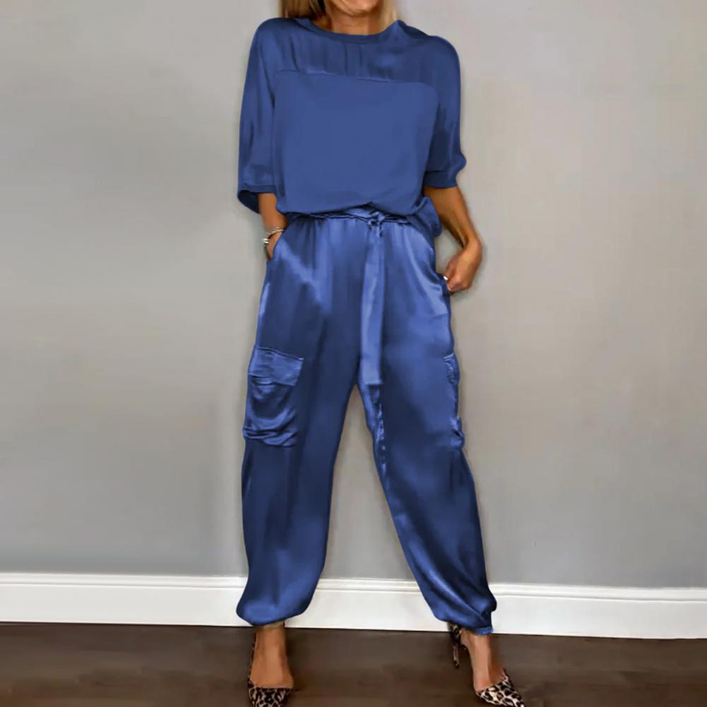 Women Two-piece Set Three-quarter Sleeve Suit Satin Women's Top Pants Set Lace-up Waist Women Casual Patchwork Suit