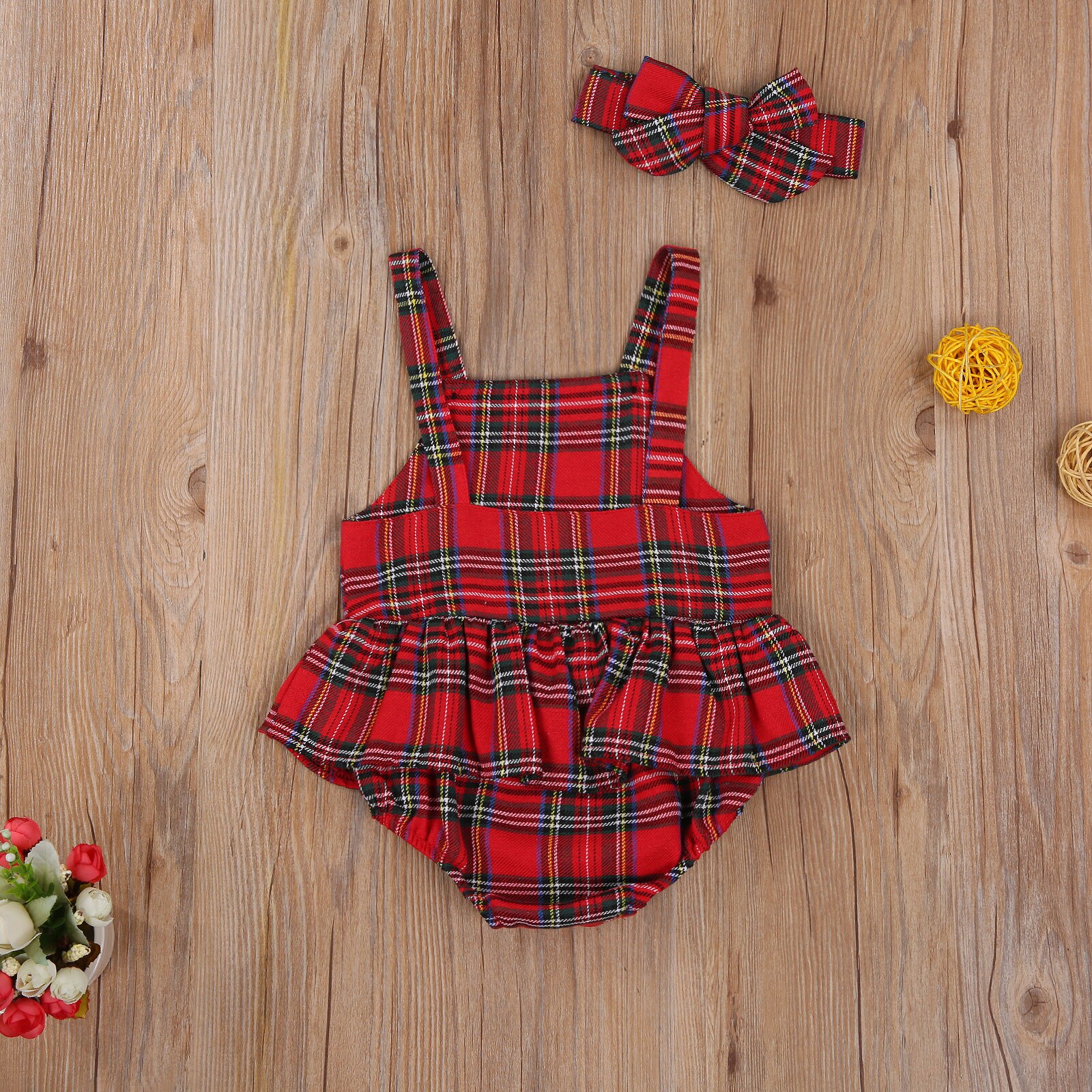 FOCUSNORM Christmas Baby Girls Boys Party Bodysuits One Piece Sleeveless Ruffles Plaid Print Backless Jumpsuits 0-24M