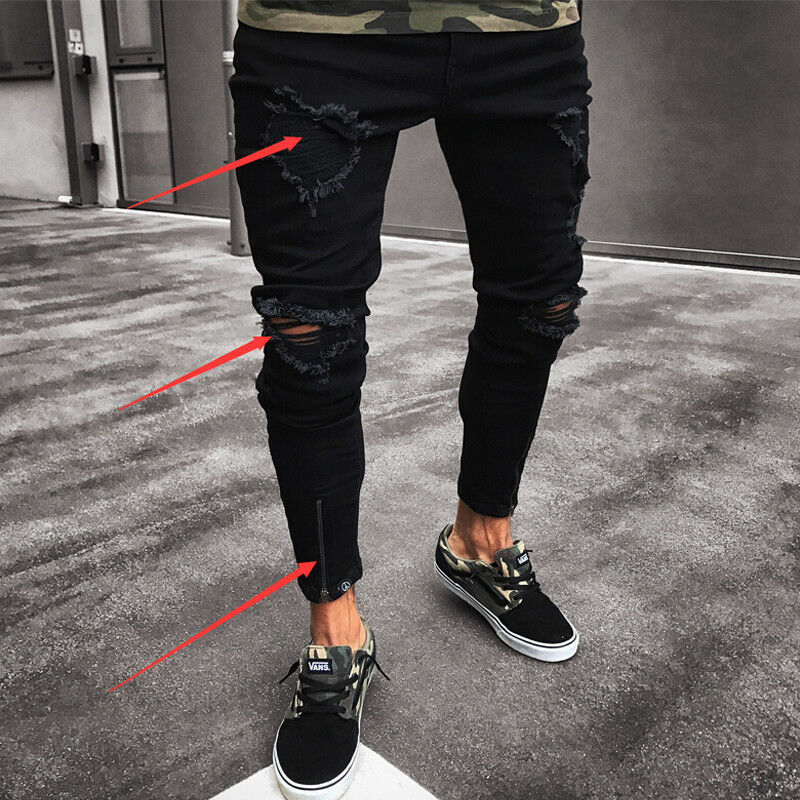 Herre cool mærke sorte jeans skinny flået ødelagt stretch slim fit hop hop med huller til mænd – Grandado