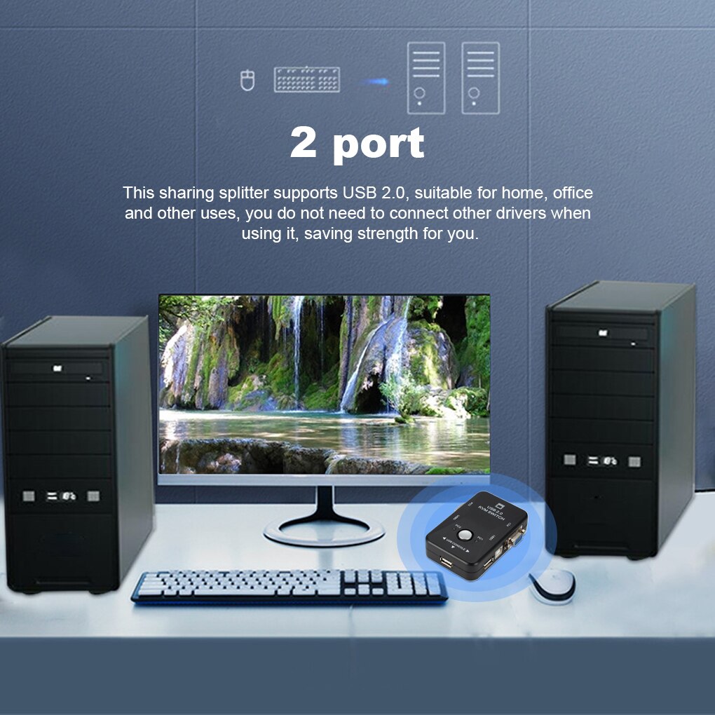 KVM Switch Box 1920x1440 Keyboard Mouse Switcher Splitter Office Work Improvement Sharing Adapter with LED Indicator