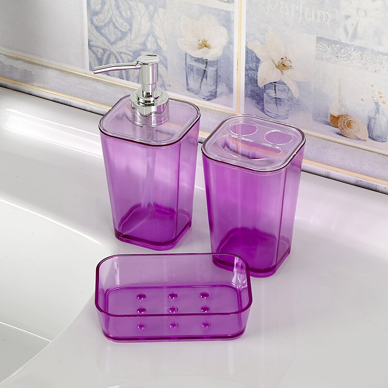 3Pcs/Set Bathroom Accessories Transparent Plastic Inlcude Soap Dispenser Toothbrush Holder Soap Dish: Purple