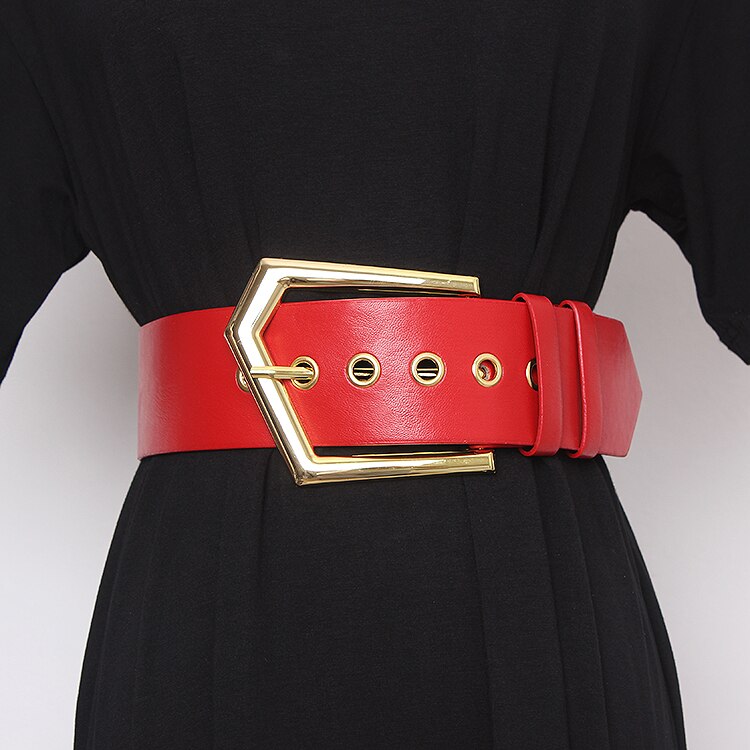 Læderbælte kvindelig vintage stor metal spænde bred læder linning bælte kvinder mærke bælte: 1492 røde