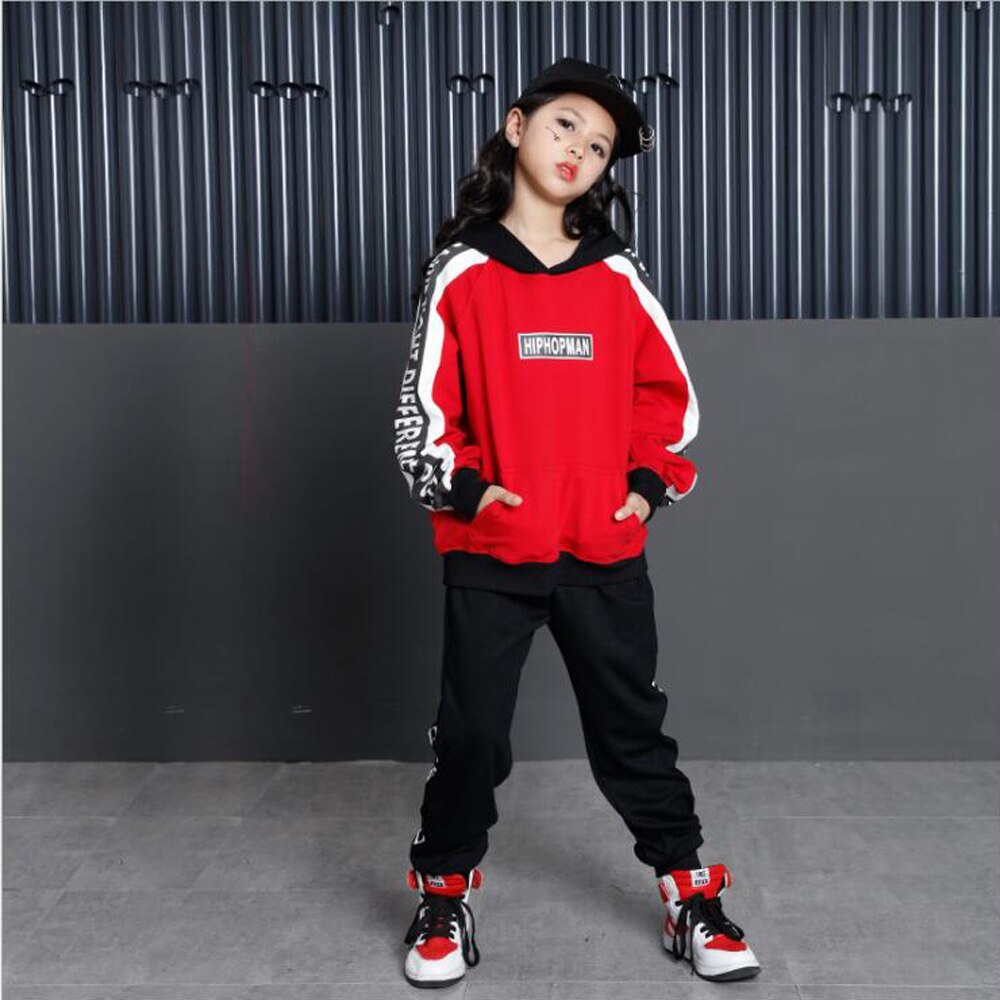Rouge filles salon Jazz Hip Hop danse Performance Costumes à capuche chemise hauts pantalons enfants garçons danse vêtements tenues scène porter