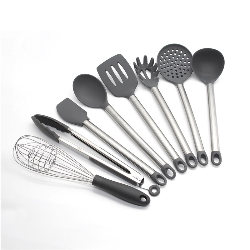 Gray Silicone Kitchen Set 8/9pcs Kitchen Utensils Set Stainless Steel Handle Non-stick Pan Spatula Cooking Utensils Kitchenware: 8-pcs Kitchen set