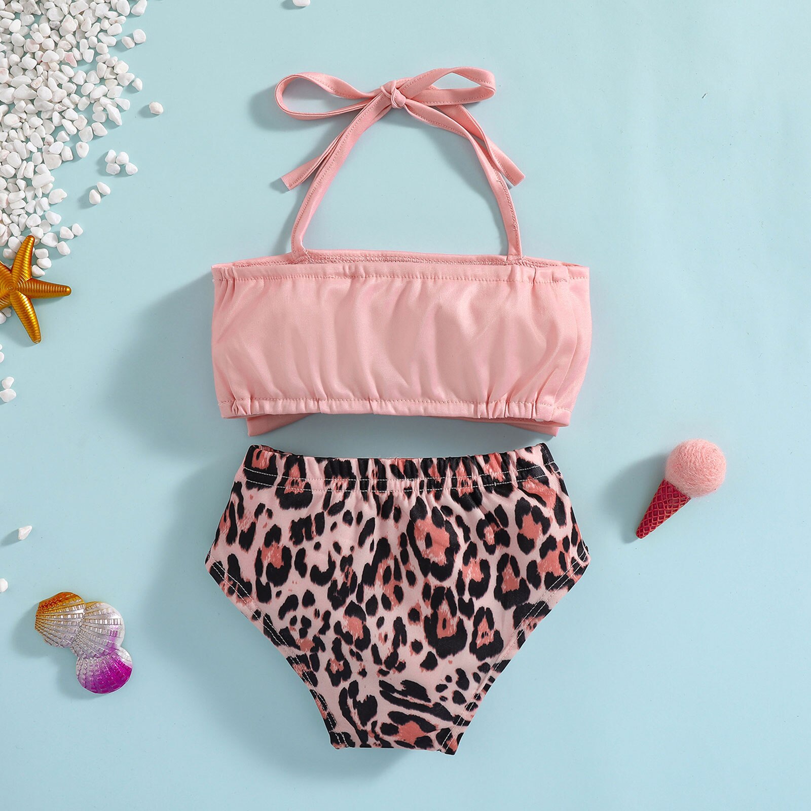 Little Girls Split Swimsuit Set, Toddlers Summer Pink Bow Hanging Neck Sleeveless Swimwear + Leopard Print Swimming Trunks