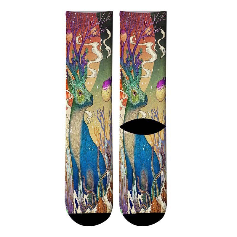 3D Printed Harajuku Japanese Ukiyoe Animals Paint Crew Socks Men Whale Deer Long Socks Phoenix Dragon Men&#39;s Dress Tube Socks: 1