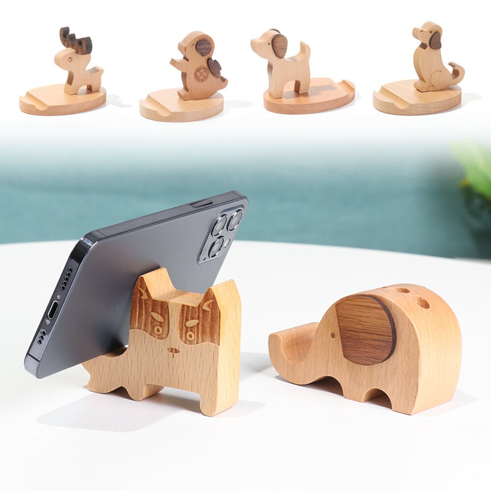 Solid Wood Animal Bracket Phone Holder Desk Stand Foldable Desk Holder Stand Car Home Mount Bracket