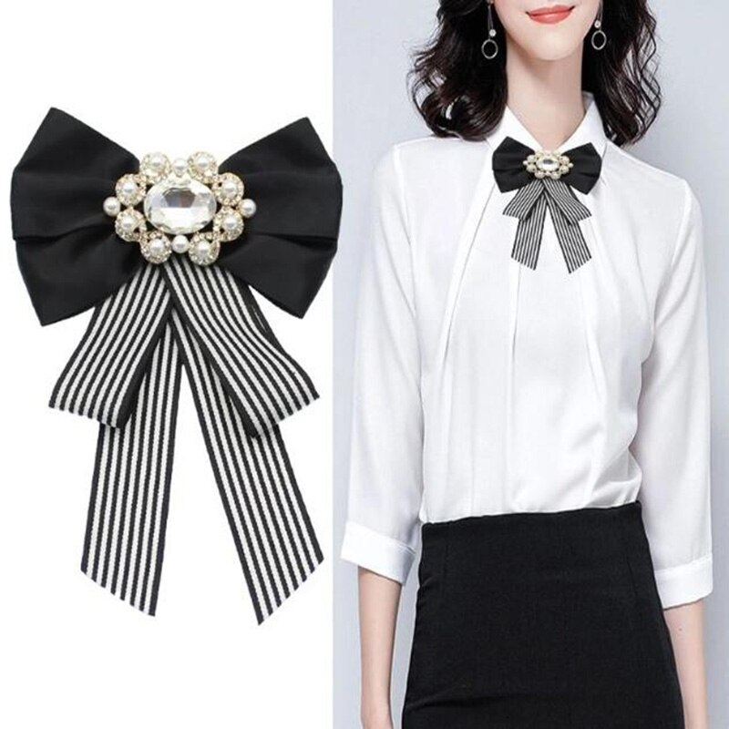 Spilla classica con fiocco stampato a strisce scozzesi perle di tela papillon corpetto colletto spille per donna camicia colletto abbigliamento gioielli: C
