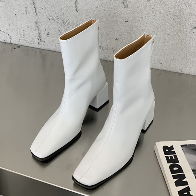 Winter Ins Elegante Vrouwen Wit Blok Hoge Hakken Enkellaarsjes Lady Vierkante Neus Korte Laarzen Chelsea Laarzen Party schoenen