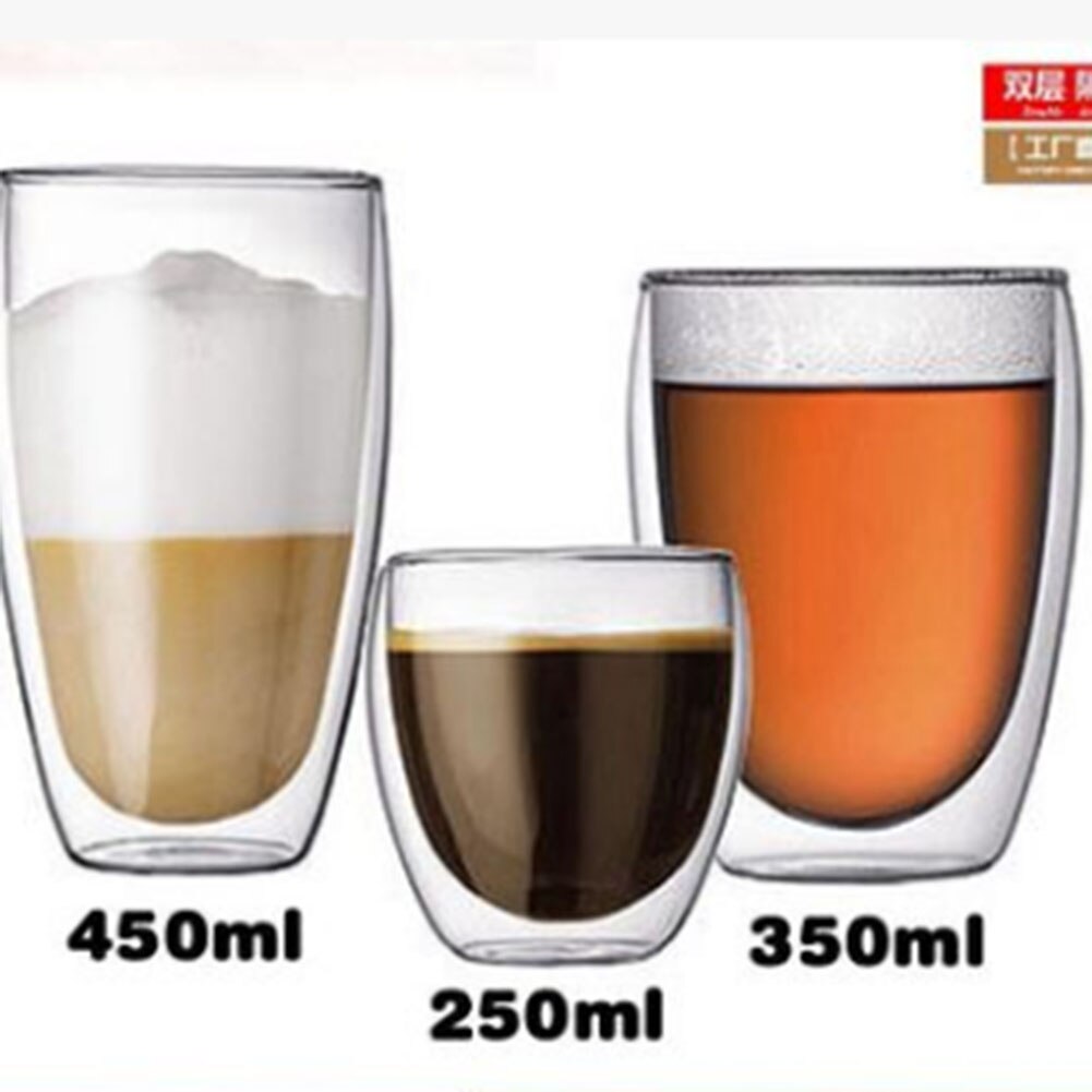 150-450ML Glass Coffee Mug Clear Double Wall Insulated Thermal Tea Cup Drinking: 250ml