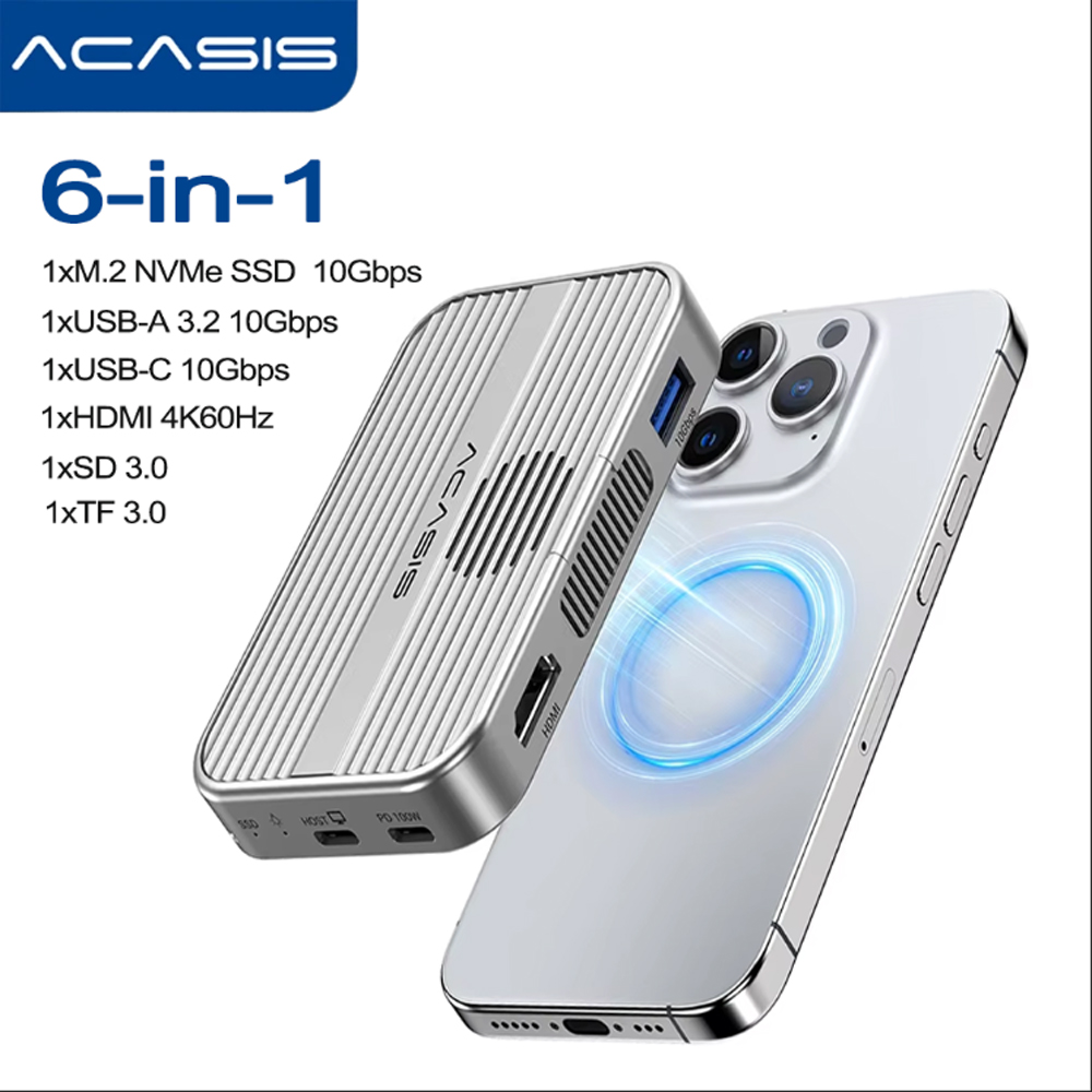 ACASIS M.2 NVMe SSD Enclosure Magnetic USB C Docking Station 10Gbps with Cooling Fan for iPhone 16/15 Pro 2230/42/60/80 NVME SSD: Gold
