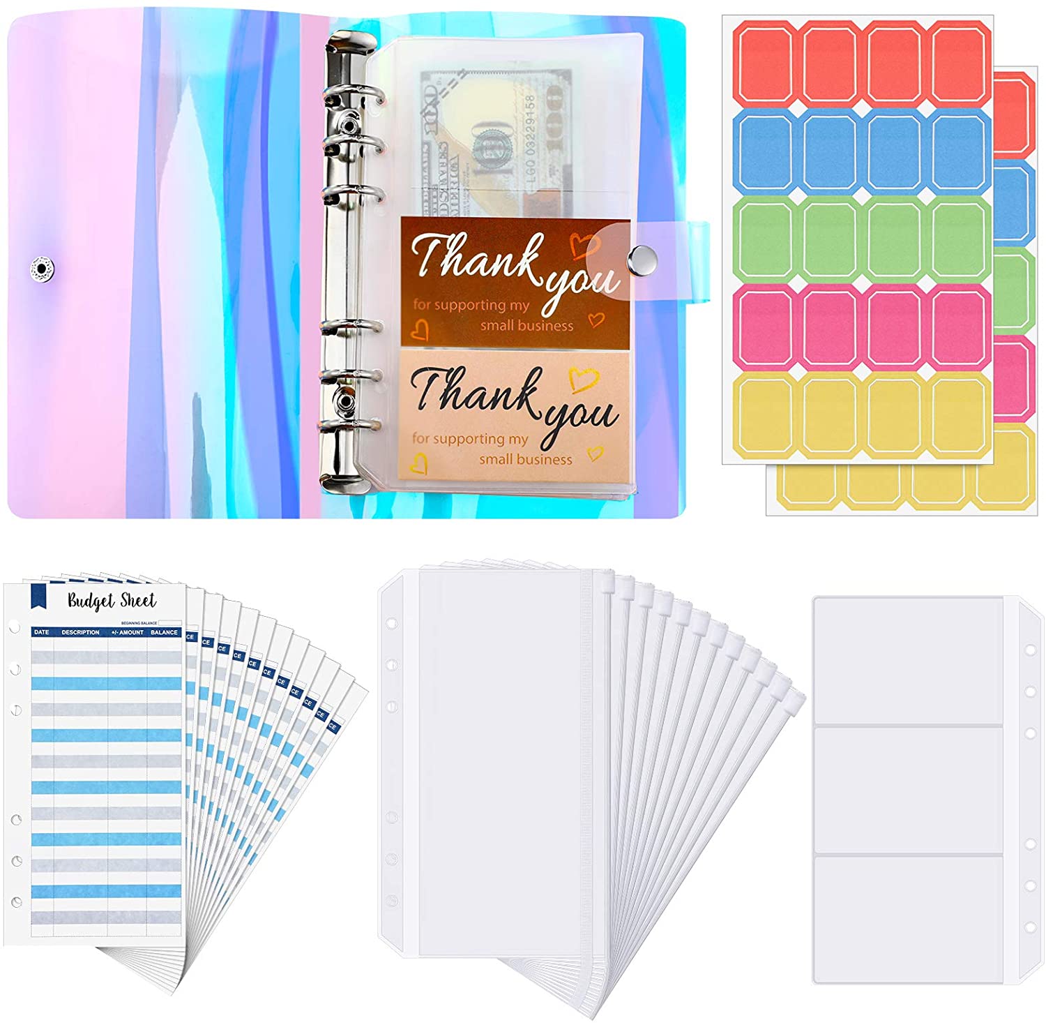 28 Pieces A6 Binder PVC Notebook Waterproof 6-Ring Binder Cover with Pockets Budget Sheets Card Bag and Labels