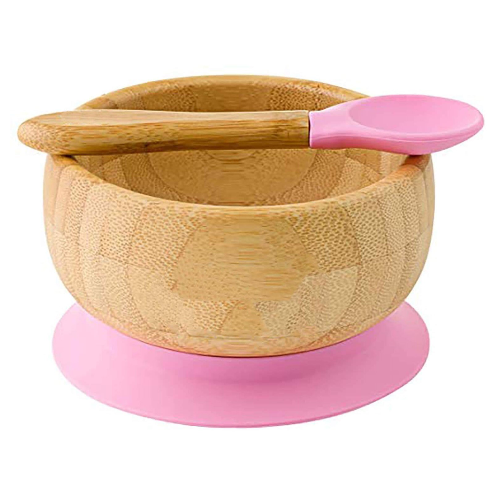 Cuchara de tazón para bebé, cubiertos de alimentación de bambú, inferior de succión libre de BPA, utensilios ecológicos para niños, vajilla de entrenamiento para bebé: Rosa