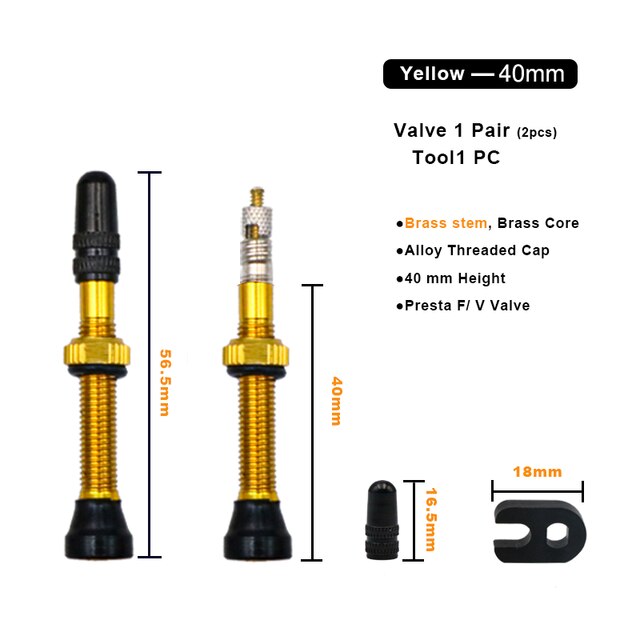 2 Stuks 40/60 Mm Fiets Vacuüm Luchtventiel Duurzaam Legering Stuurpen Messing Kern F/V Presta Mtb Tubeless Band Nozzle Cap Fietsen Onderdelen: YELLOW