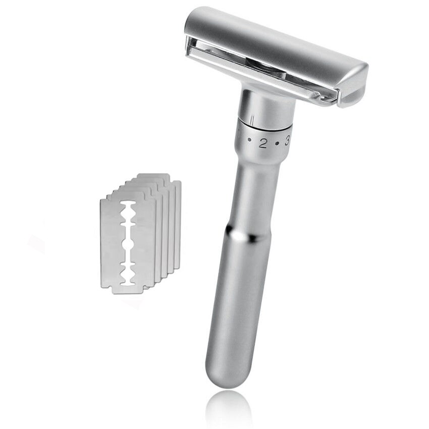 Adjustable Safety Razor Double Edge Classic Mens Shaving Mild to Aggressive 1-6 File Hair Removal Shaver it with 5 Blades: Product 1-2
