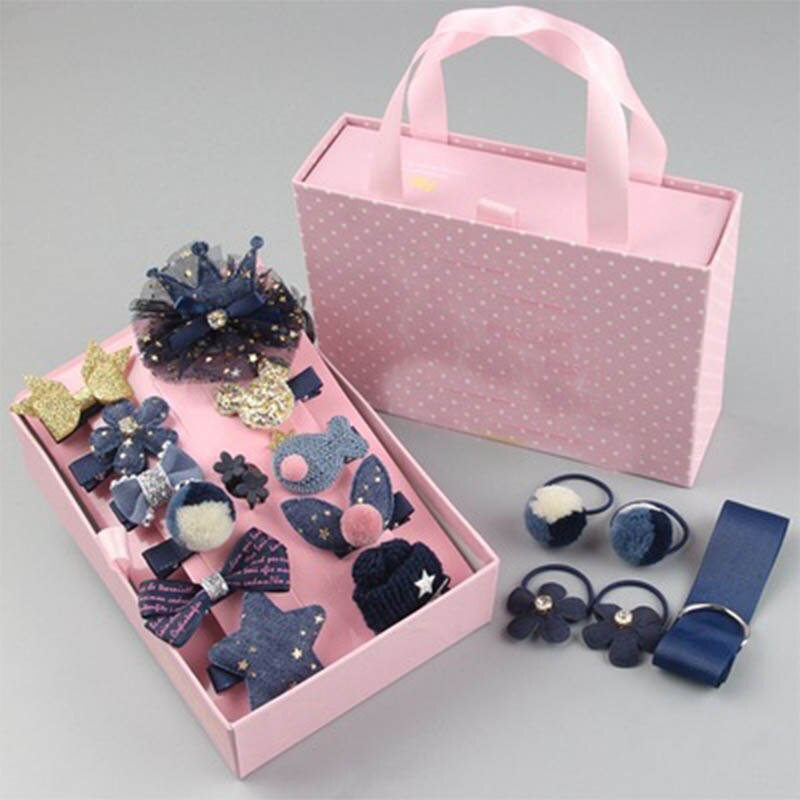 18pcs Children Hair Clip Girl Headwear Boxed Hairpin Hair Rope Accessories Hair Ring Circle Kid Lovely Rubber Band: navy