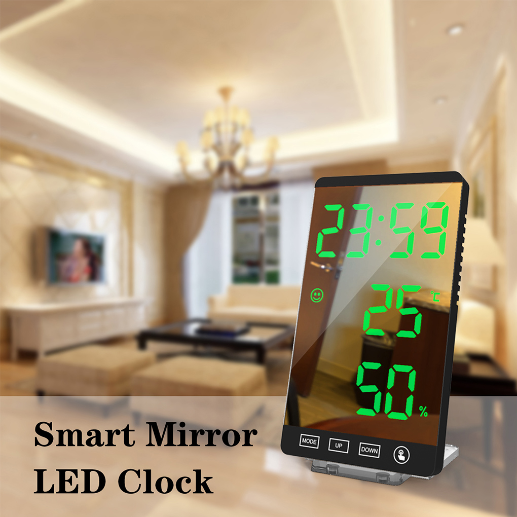 6 Inch LED Mirror Alarm Clock Touch Button Wall Digital Clock Time Temperature Humidity Display USB Output Port Table Clock