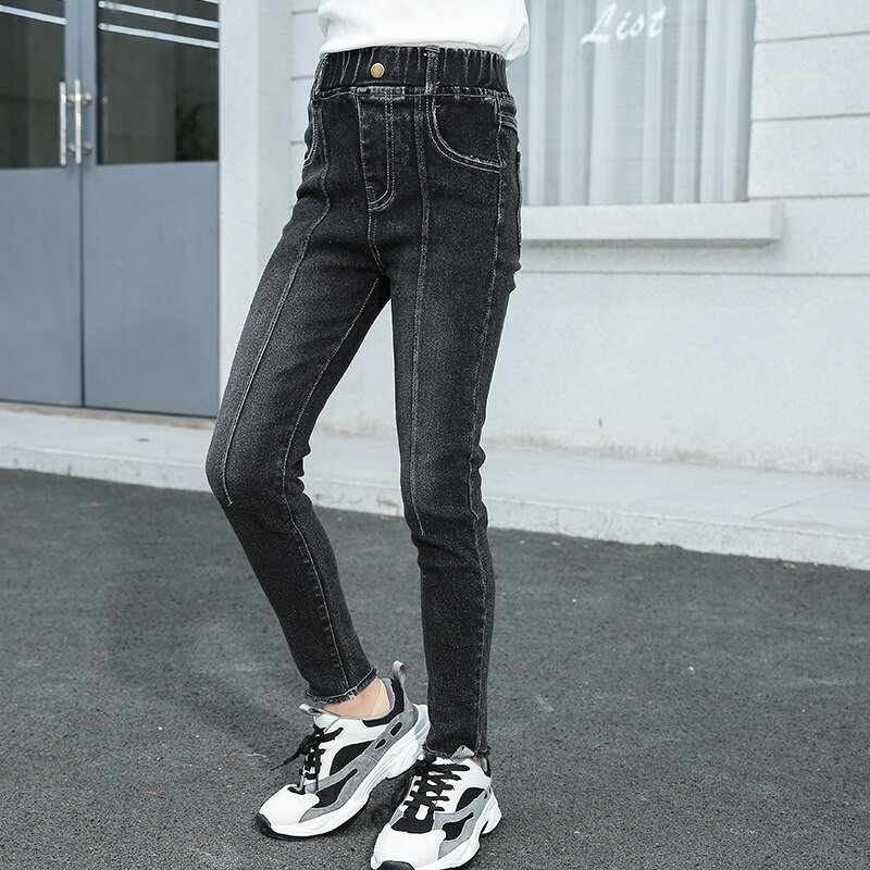 hiver filles Jean épaissir Jean maigre pour enfants coréen Denim pantalon noir Jean solide Jean pantalon Stretch fille pantalon