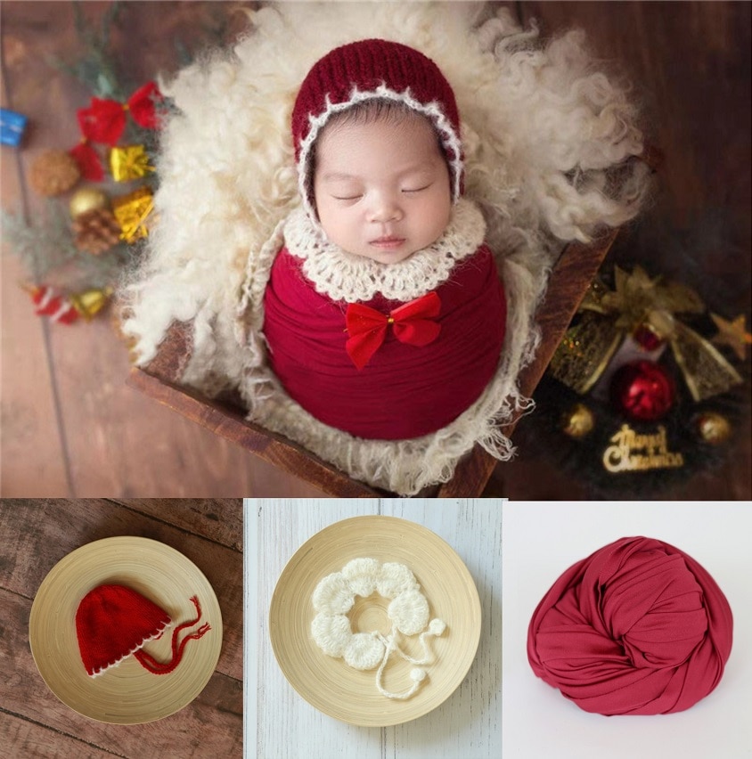 Newborn Photography Props Baby Christmas Hat Crochet Newborn Outfits Blanket Props Baby Photo Shoot Accessories