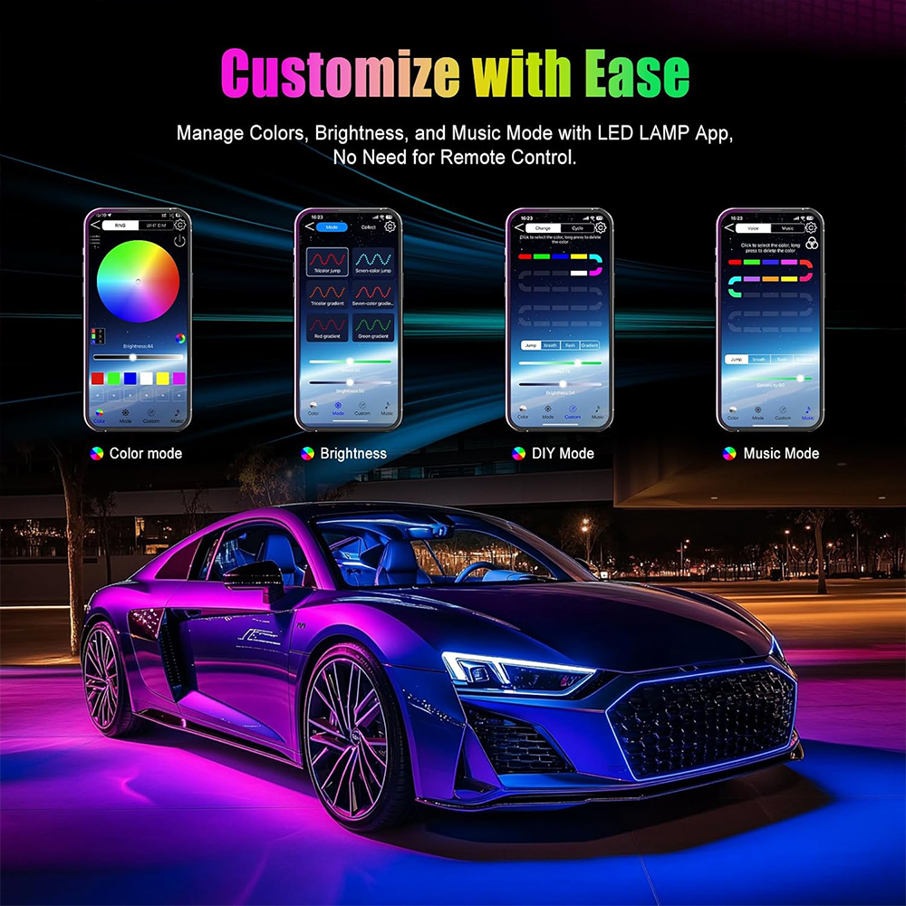 Interior do carro ambiente rgb led luz néon multi-cor sincronização de música dinâmica com controle de aplicativo universal fácil instalação luzes automáticas