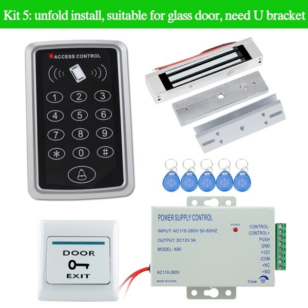 Waterproof RFID Access Controller T11+Electric Control Lock+3A/12V Power Supply+Exit Button+5pcs Key Cards+Door Holder+Bracket