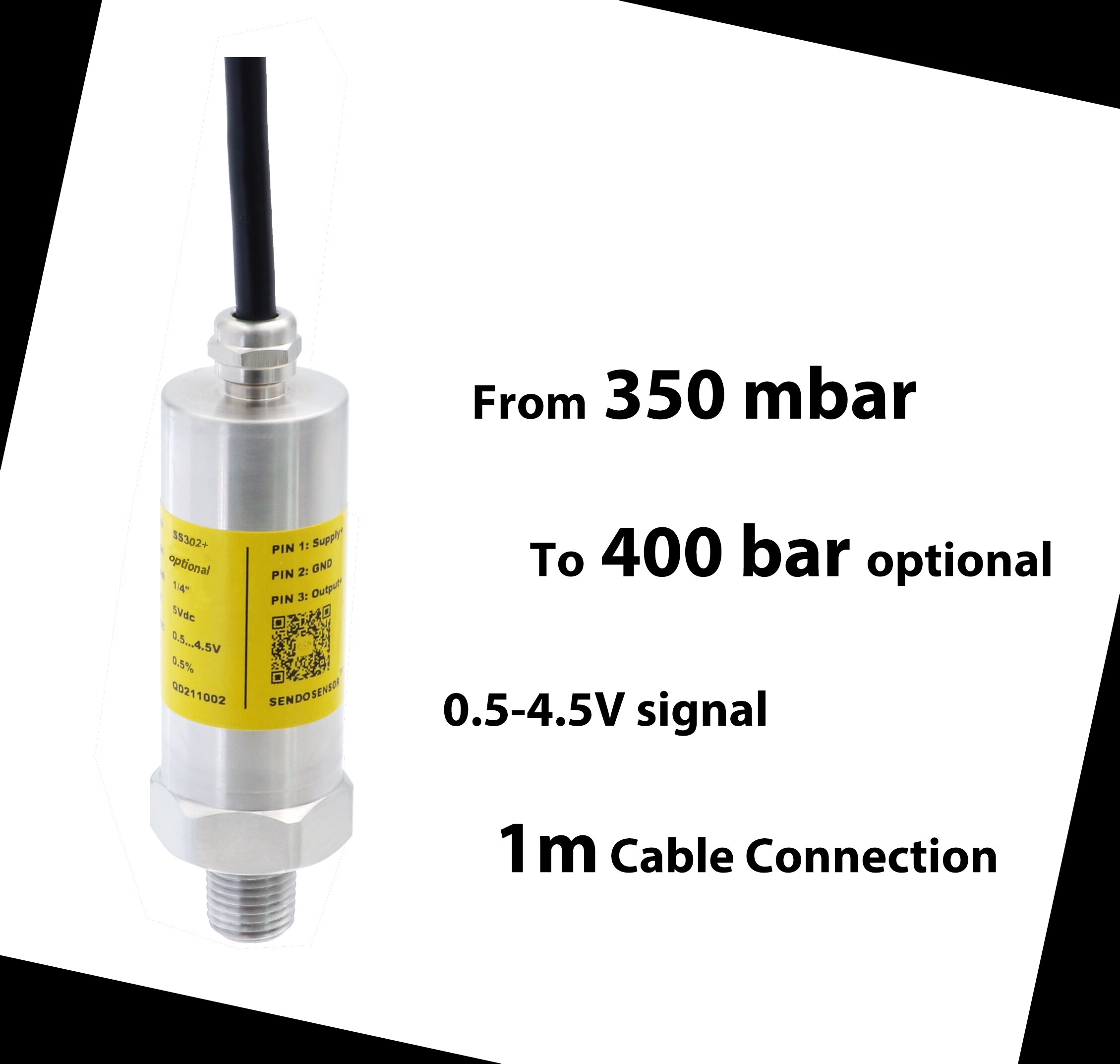 pressure sensor, 0.5-4.5V, 5Vdc supply, pressure transducer , 1m cable connection, range optional 350 mbar to 100, 250, 400 bar