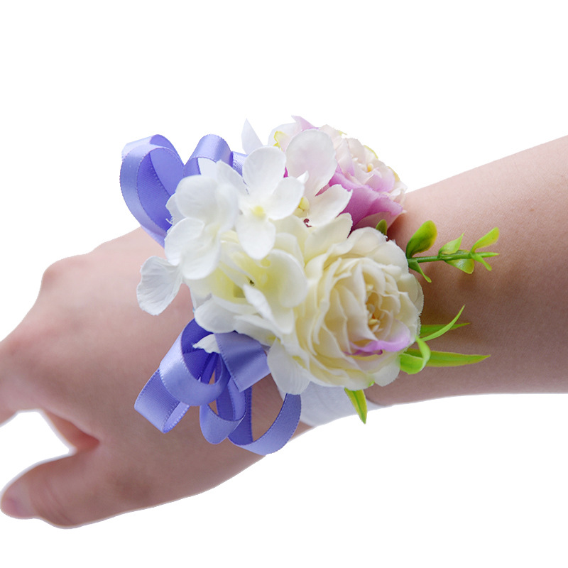 Janevini lichtpaars kunstmatig pioenroos bruidsboeket met lint en zijden bloemen, bruidsboeket met parels en broche: Lichtpaarse pols
