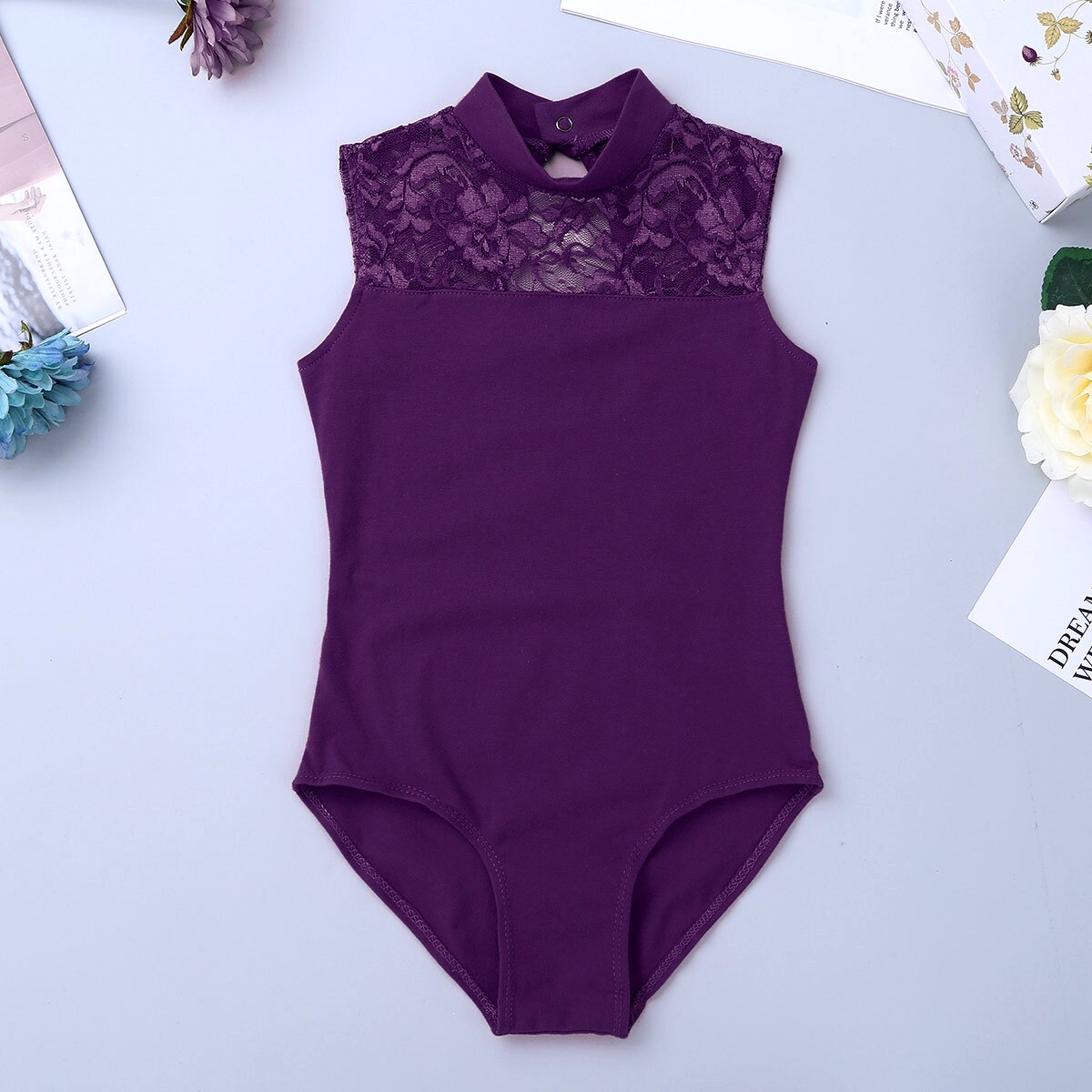 IIXPIN-robe de Ballet Tutu pour filles, justaucorps sans manches col tortue dos en dentelle, gymnastique dans la danse: Purple / M