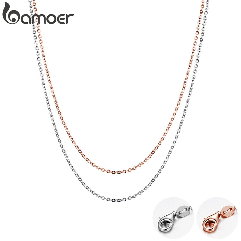 BAMOER Rose Gold Color 925 Sterling Silver Necklace Chain Lobster Clasp Simple Chain Necklace Basic Jewelry 45cm