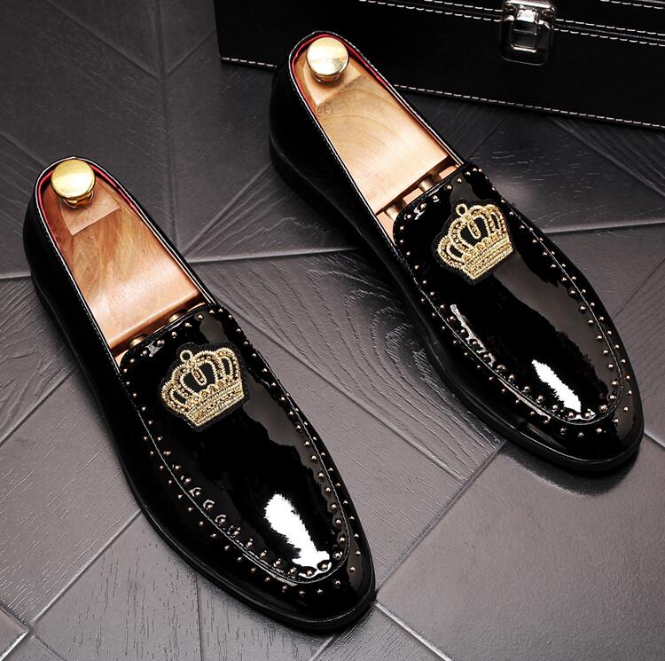 Men charming glitter embroidery crown flats Dress Loafers gentleman Shoes Male Wedding Homecoming Evening Groom Prom