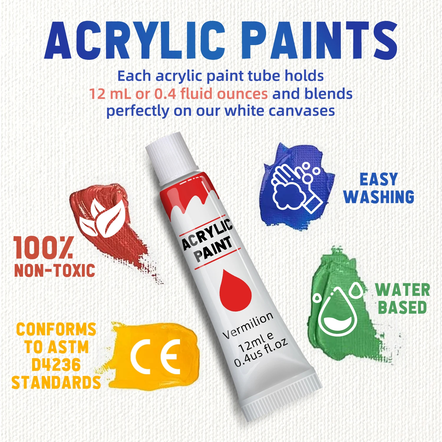 Acrylfarben-Set – 12/24 Farben, 12 ml, Kunst-Malset, Zubehör für Holz, Leinwand, Stoff, Stein, Glas – ungiftige Acrylfarbe