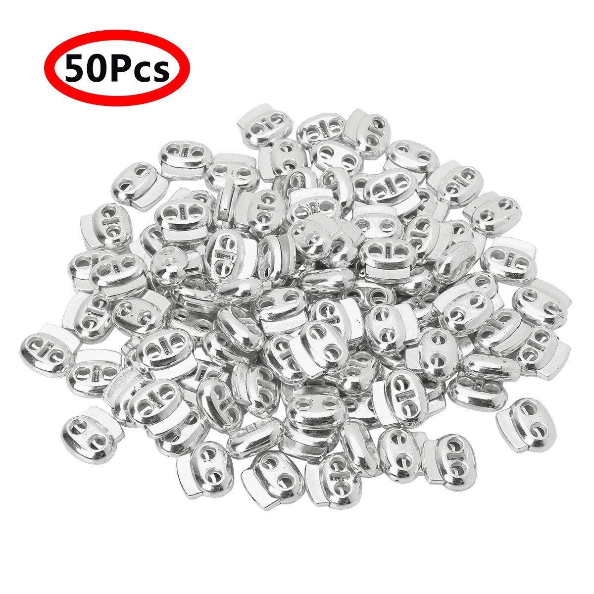 50 Uds. Cierres de plástico de doble agujero, cierre de resorte, cierre deslizante, Toggles, extremo para ropa deportiva, DIY, bolsa, accesorios para ropa: Silver