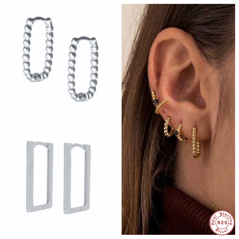 GS 925 Sterling Silver Minimalist Square Rectangle Gold Hoop Earrings For Women Chic Geometric Beads Huggie Earring Jewelry