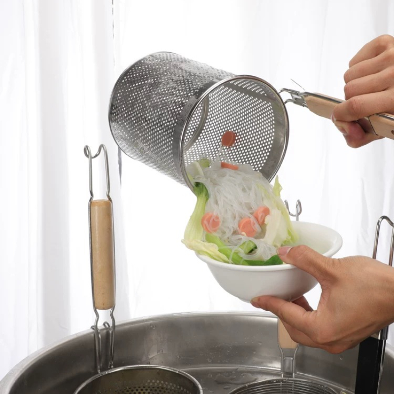 Stainless Steel Funnel Wooden Handle Cooking Noodles Fishing Rice Noodle Funnel Kitchen Gadgets Cooking Noodles Sieve Spoon