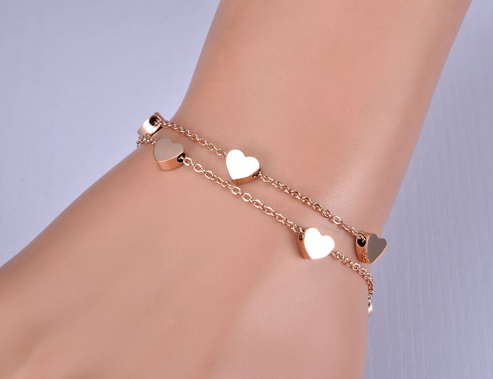 Heart Charm Double Layers Bracelet Bangle For Women Stainless Steel Link Chain Bohemia Summer Beach Jewelry B19018