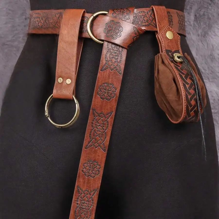 3PCS Braun PU Leder Mittelalterlichen Gürtel Und Geld Tasche Frauen Rock Wanderung Clip Für Renaissance Viking Faire LARP Cosplay kostüme