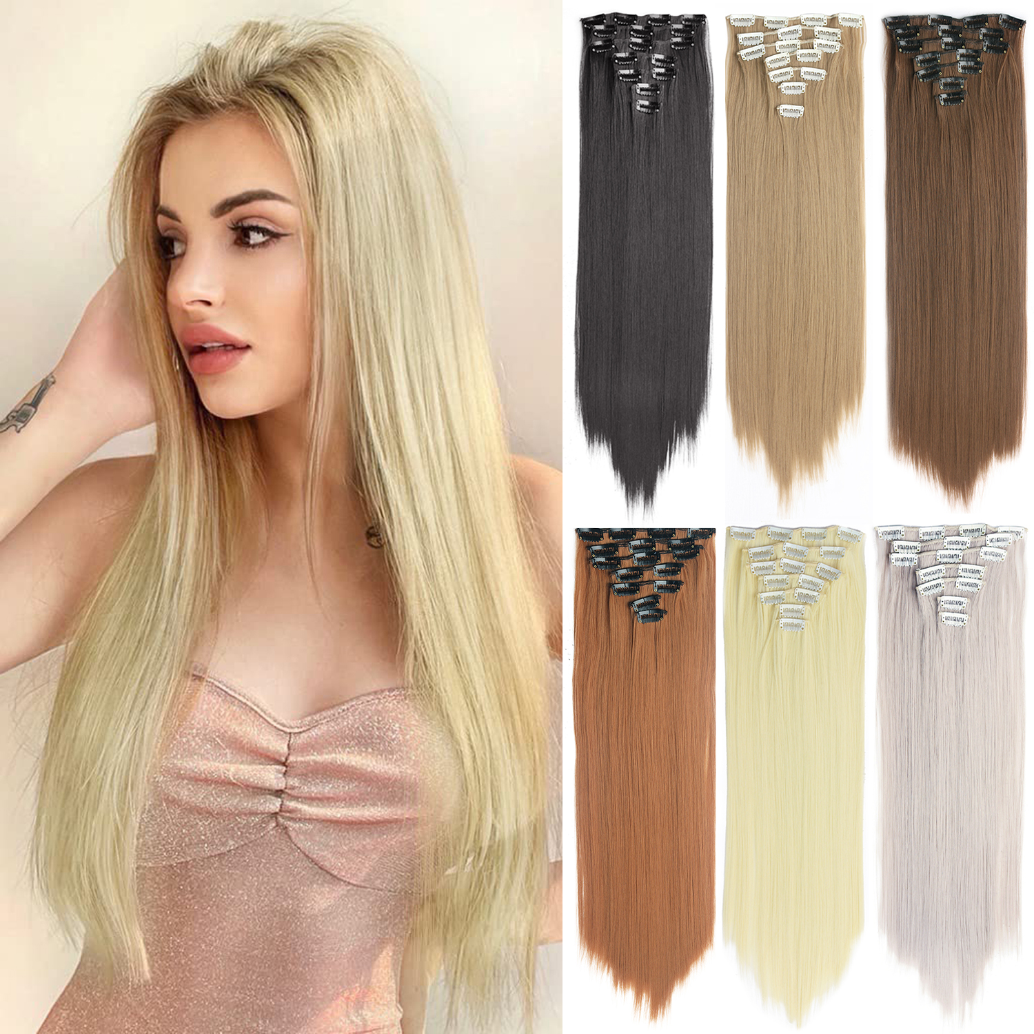 Grampo reto longo em extensões de cabelo 4 pçs/set sintético 22 ''preto marrom escuro cor mista fibra resistente ao calor