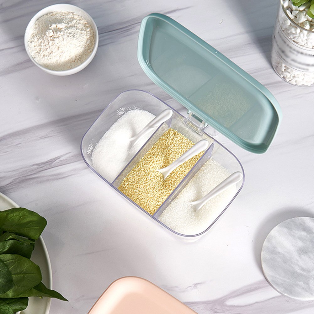 Transparent Organizer 3 Compartment Cooking Condiment Seasoning Box Storage Spice Jar Herb With Spoon Lid Durable Container