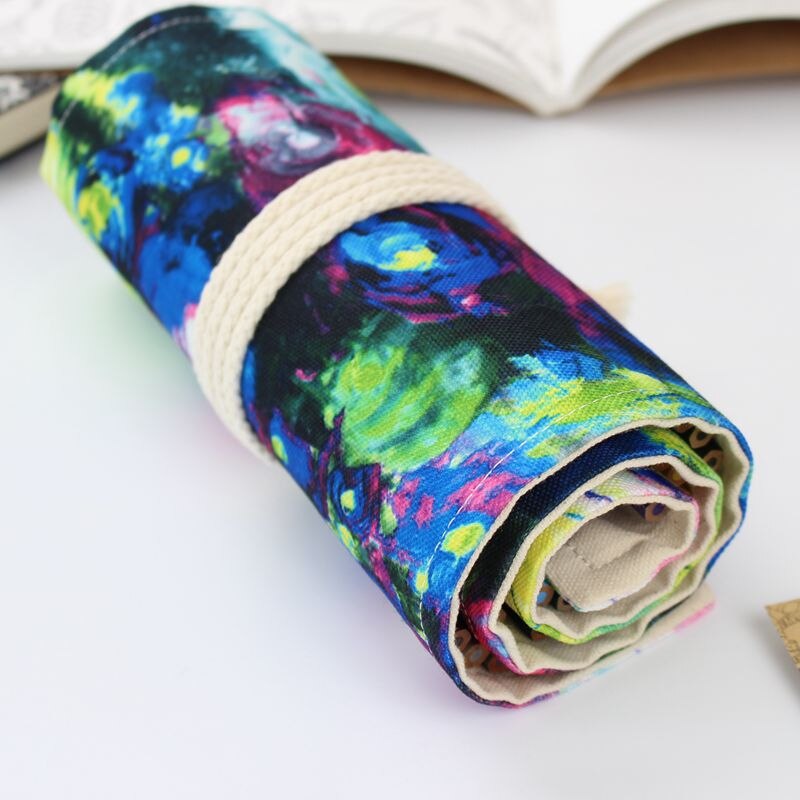 36/48/72 Holes Pencil Case Canvas Art Drawing Pen Bags Wrap Roll Up Holder Printing Storage Pouch School Offices Suppiles