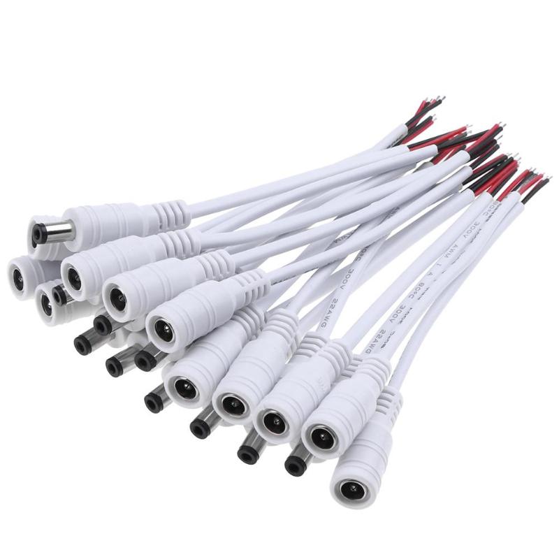 Conector de Cable de enchufe macho + hembra para tira de luces LED de techo, 10 piezas, 5,5x2,1 DC 12/24V, conectores de tira de luces led DC: White