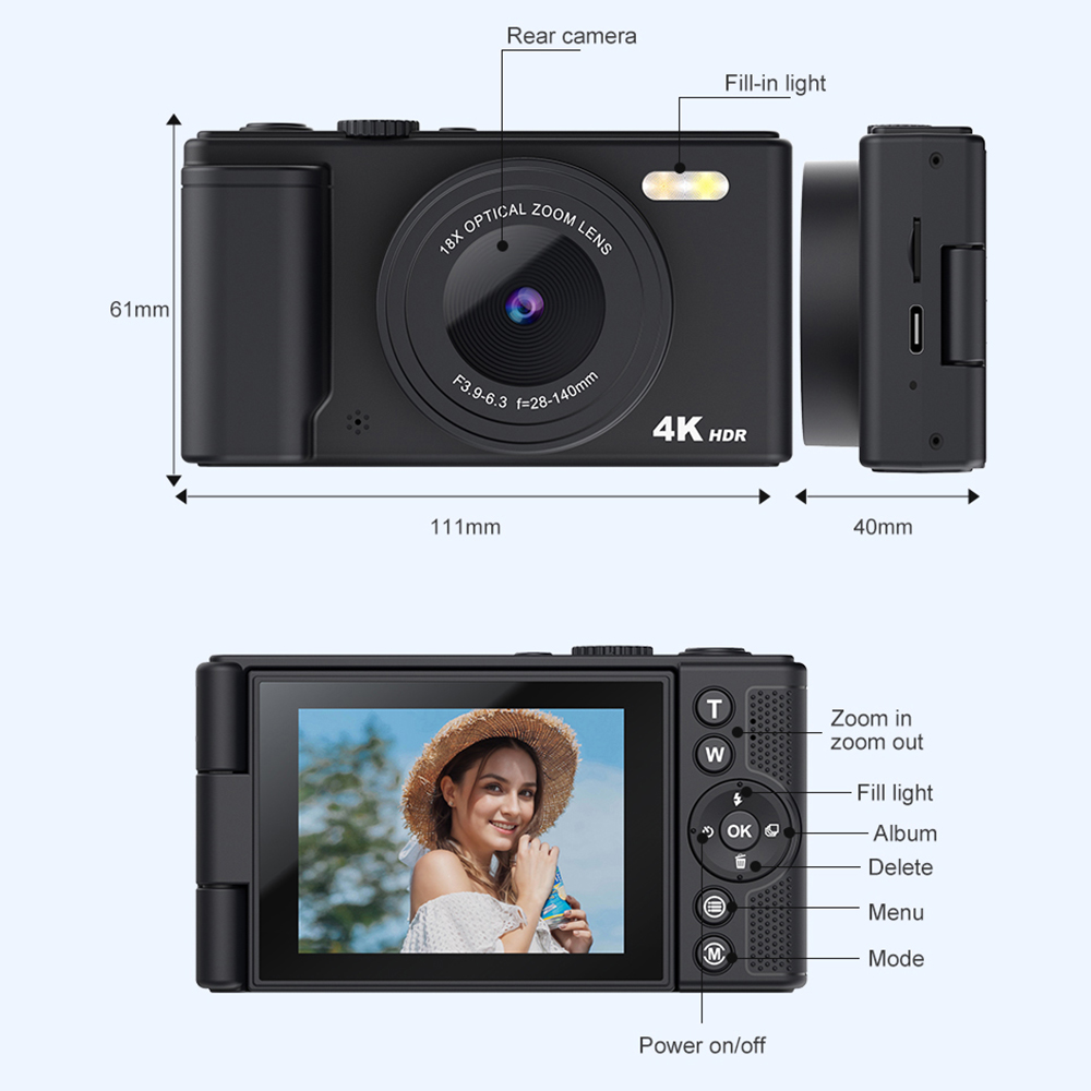 4K Digital Camera Photography Camera 18X Zoom 64MP Autofocu Vlog Video Recorder Compact Camera 2.8 Inch 180° Flip Screen CCD
