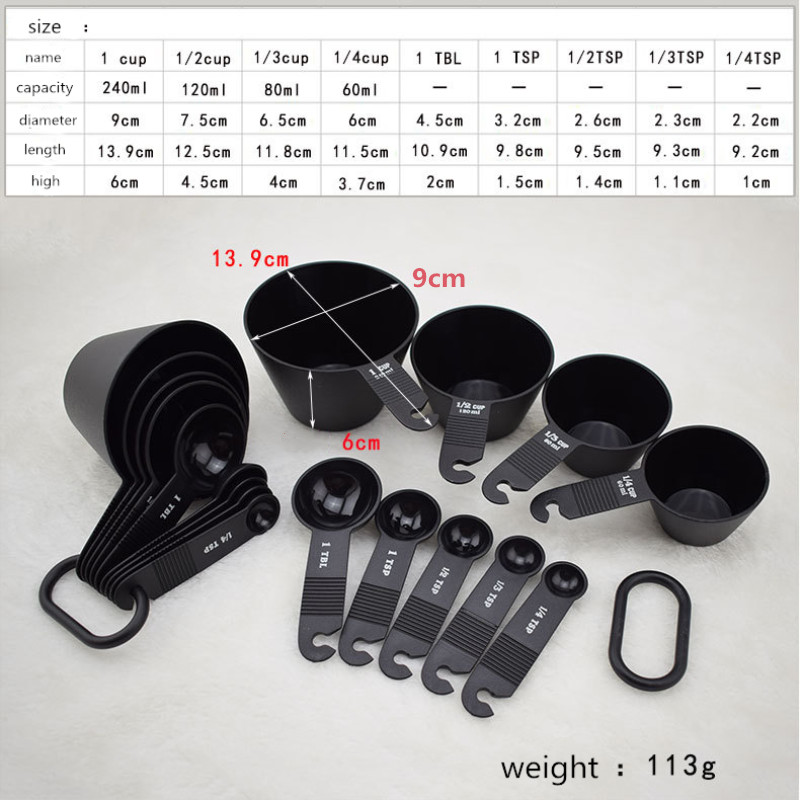 Juego de 9 cucharas medidoras de Color negro y cuchara medidora tipo pala para hornear, cucharón medidor con escala, cucharadita de cocina, herramienta de cocina
