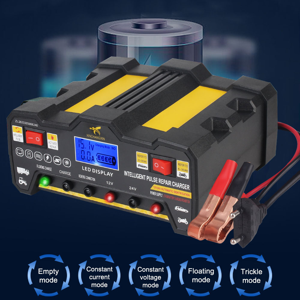 600W Auto-acculaders 12V 12A / 24V 9A Uitgang Snel opladen Intelligente automatische pulsreparatie Batterijlader US EU-stekker