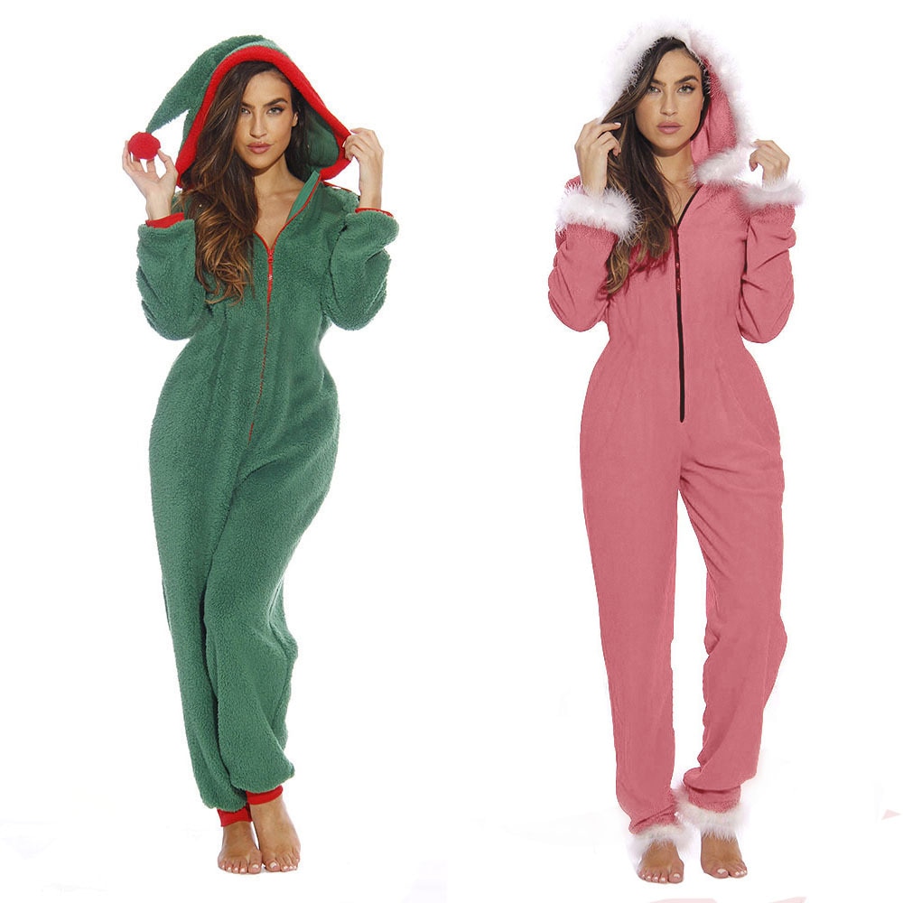 Echoine Women Pajamas Sets Autumn Winter Fur Wool Christmas jester hat Thick Warm Zipper Women Sleepwear Flannel Overalls