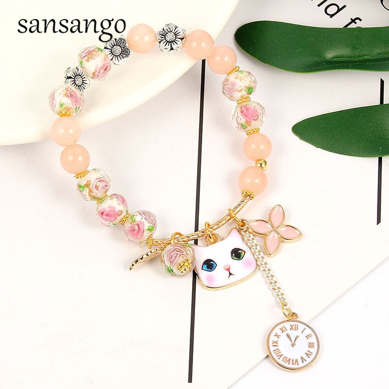 Mode Armband Voor Vrouwen Leuke Kitten Hanger Charm Armband Natuursteen Kralen Bangle Meisjes Kinderen Sieraden