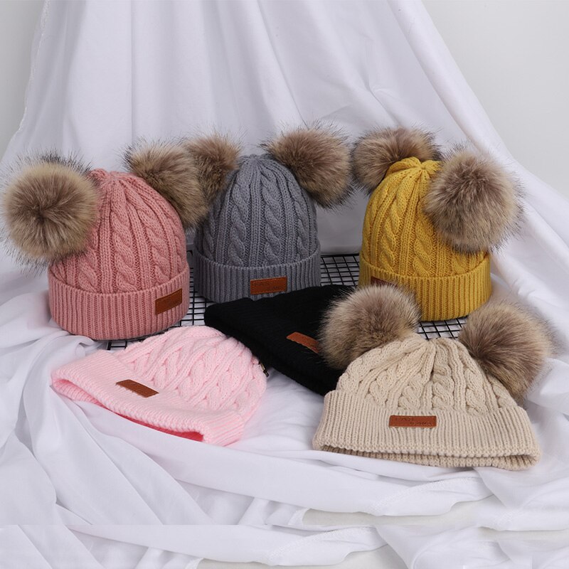 Cute baby child winter cotton hat outdoor leisure hair ball knit hat boy girl label thickening comfortable baby hat