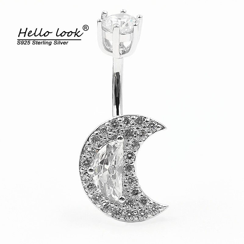 Hellolook 925 sterling silver belly piercing button ring moon style cz navel piercing body jewelry for women: 8mm