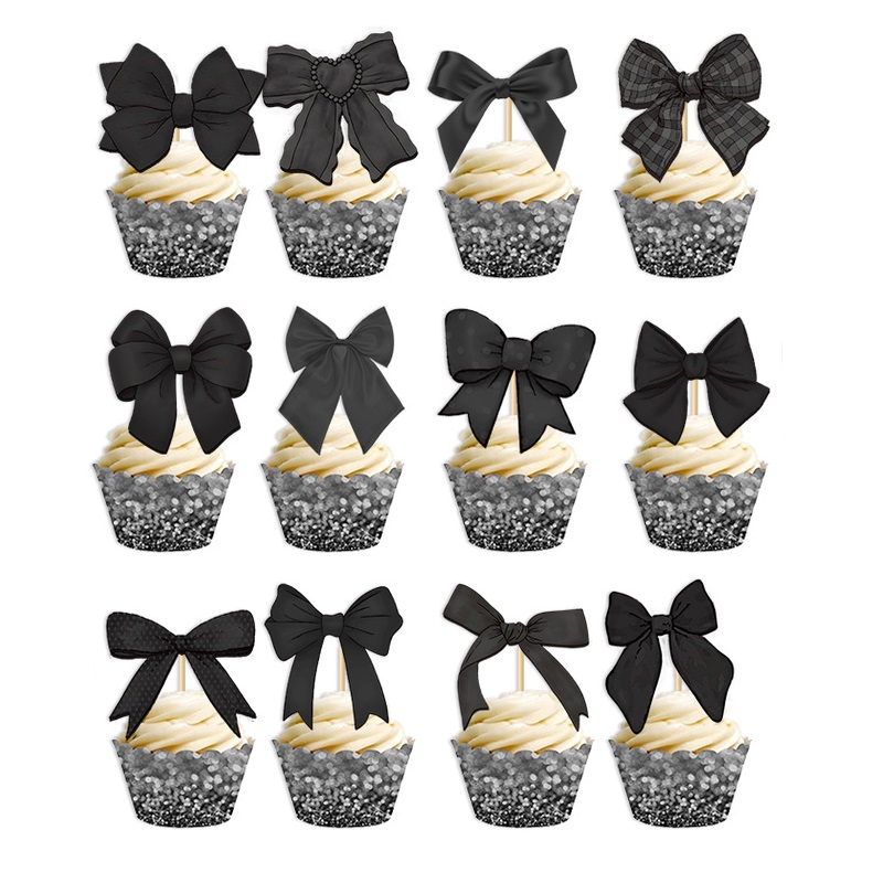 13pcs Black Bow Tie Cake Decoration,Girl's Bow Happy Birthday Cake Insert
