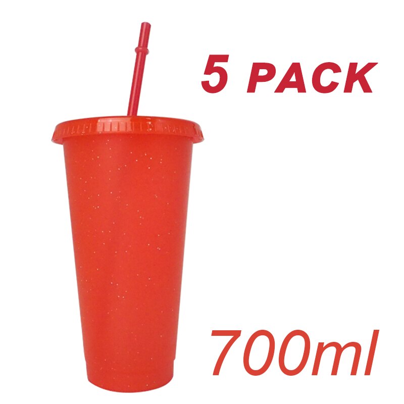 5Pcs/Set Reusable Straw Cup Sequined Glitter Cup Plastic Tumbler With Lid Reusable Plastic Cup Tumbler Cup: 700ml Orange red